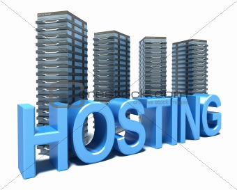 Hosting in front of grey Servers. Isolated on white