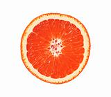 Close up of sliced pink grapefruit isolated on white background