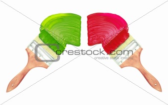 brushes with green and red paint isolated on white