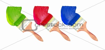 brushes with red, green and blue paints isolated on white