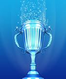 Trophy Cup and confetti over blue background