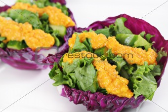shot of Red cabbage cups with miso dressing