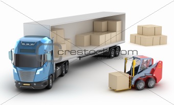 Forklift is loading the truck. Isolated . My own design. Isolated on white