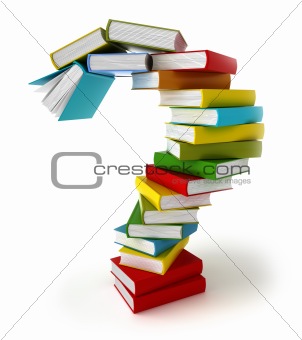 Question symbol from coloured books. Isolated on white