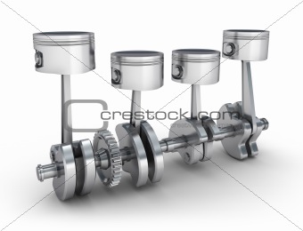 Engine pistons and cog. 3D image. Isolated on white