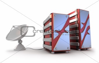 Servers and satellite antenna, on white background