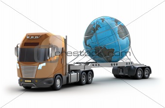 Modern truck carrying the earth, isolated on white 3d image