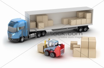 Forklift is loading the truck. Isolated. My own design