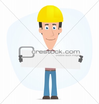 Builder holds up a poster