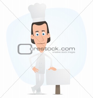 Chef stands beside the blank board