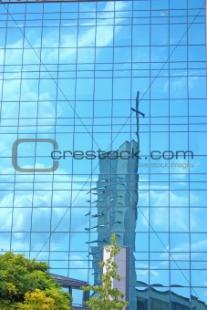 Reflection of church tower