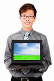 Young businessman introduction and sales laptops. Isolated with white background.