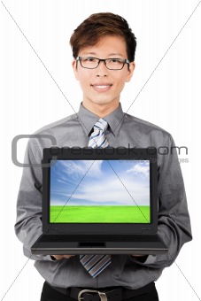 Young businessman introduction and sales laptops. Isolated with white background.
