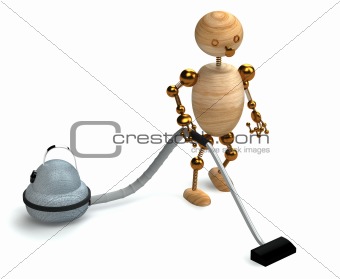 wood man with a vacuum cleaner