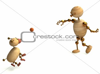 Wood man playing with dog ball