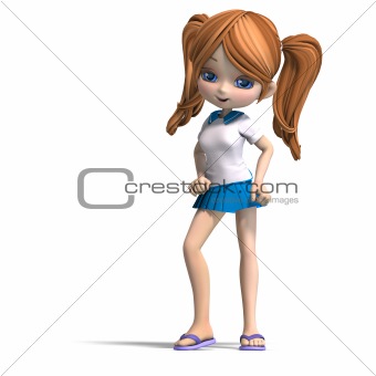 cute little cartoon school girl with pigtails