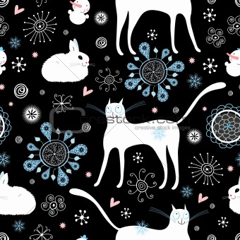 seamless pattern of white cats and rabbits