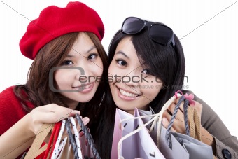 Two Beauty shopping sisters isolated on white background