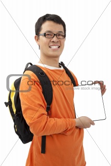 Happy young man holding a touchpad pc