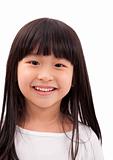 Close-up portrait of Asian little girl on white background