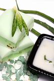 Aloe vera leaves, handmade soap, moisturizer and bath salt