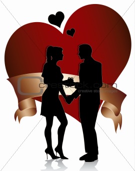 Couple silhouette with heart and ribbon