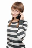 Girl in striped cloth with telephone in hand