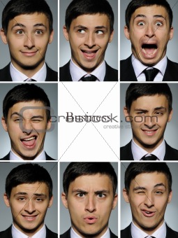 Collage group picture of many business man facial expressions