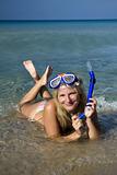 Young happy beautiful summer diving woman with swimming mask