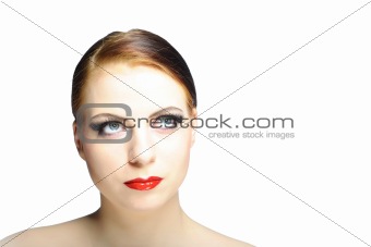 Young female face with red shiny lips and black eye makeup