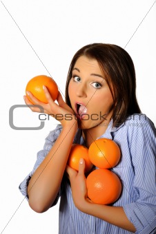 young beautiful woman with citrus orange fruit having fun.