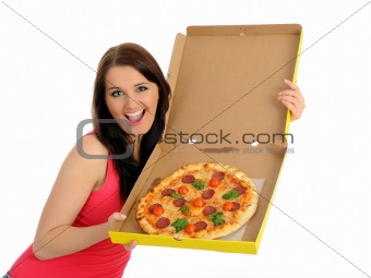 Pretty young casual woman with tasty pizza in delivery paper box