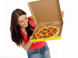 Pretty young casual woman with tasty pizza in delivery paper box