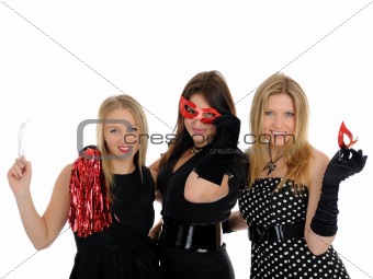 Group of three beautiful elegant woman celebrating with carnival