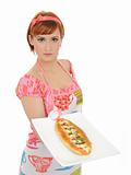 Beautiful cooking woman in apron with italian sandwich