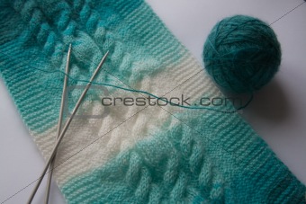 Unfinished Knitted white and blue scarf