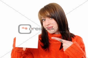young woman holding empty white board
