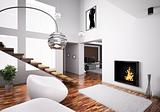 Interior with fireplace and staircase 3d