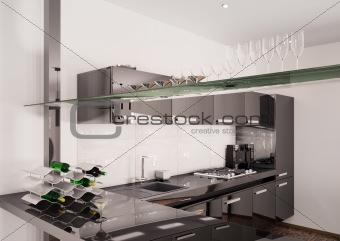 Modern black kitchen interior 3d render