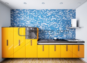 Interior of modern orange kitchen 3d
