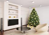 Christmas fir tree with decorations in living room interior 3d r