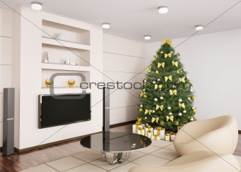 Christmas fir tree with decorations in living room interior 3d r