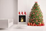 Interior with Christmas tree and fireplace 3d render
