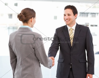 Cheerful businessman and businesswoman concluding a deal