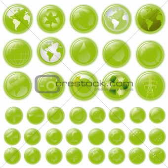 vector set: green buttons - aqua-style glossy buttons, blank and with 39 icons