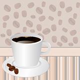 Cup of coffee over striped background with rosted coffee beans