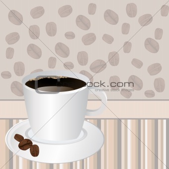 Cup of coffee over striped background with rosted coffee beans