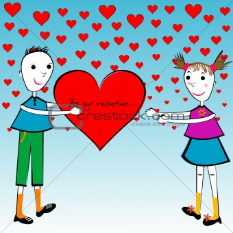 Valentine's Day cartoon card with kids holding a big heart
