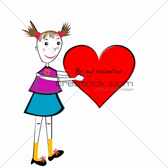 Valentine's Dat cartoon card, handmade girl with a big heart