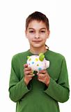 Teenage boy with piggy money box
